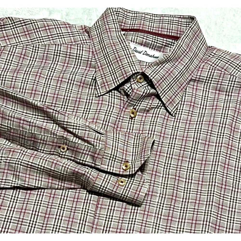 David Donahue Men's Large Red Brown Plaid Long Sleeve Button Up Dress Shirt